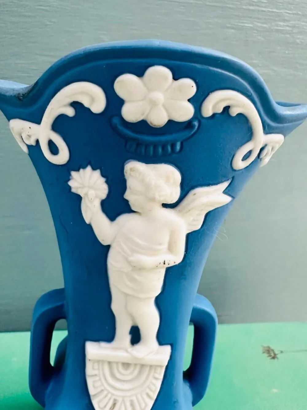 Vintage Jasperware Blue and White Bisque Porcelain Cherub Vase, Wedgwood Blue - Picture 6 of 11